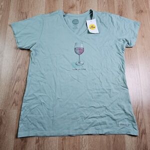 Life is Good Shirt Womens‎ Large Wine Glass Blue V Neck Crusher Tee Classic Fit
